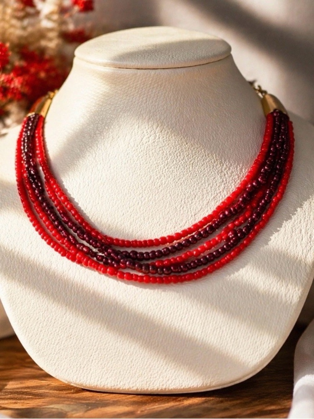 Red Burgundy Seed Bead Choker Necklace Multi Strand Boho Beach Summer Jewelry
